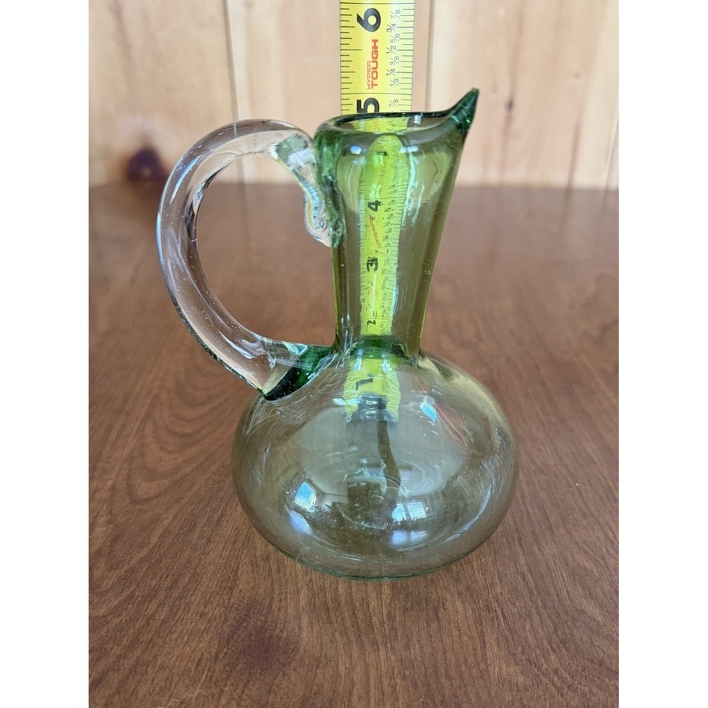 Hand Blown Vtg Lt Green Glass Applied Clear Handle‎ Cruet With Pontil 5" Bubbles - Picture 7 of 8